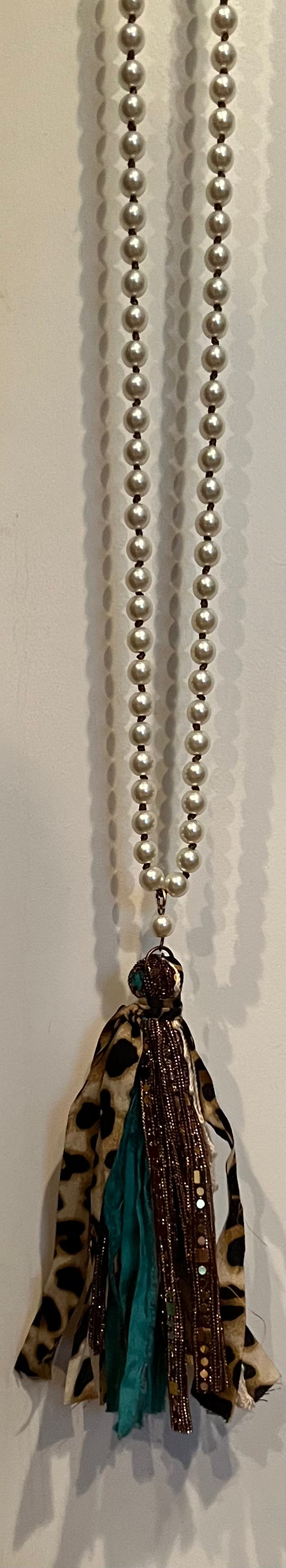 SSC Crystal Beaded Necklace w/ Leopard & Lace Fabric - 2 Colors
