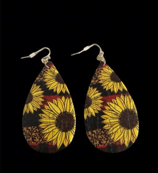 Wooden Sunflower & Leopard / Buffalo Plaid Earrings