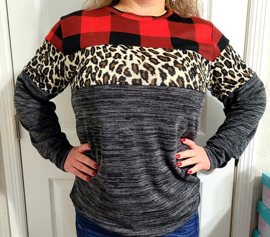 Sunshine & Rodeos Buffalo Plaid and Leopard Color Block Top