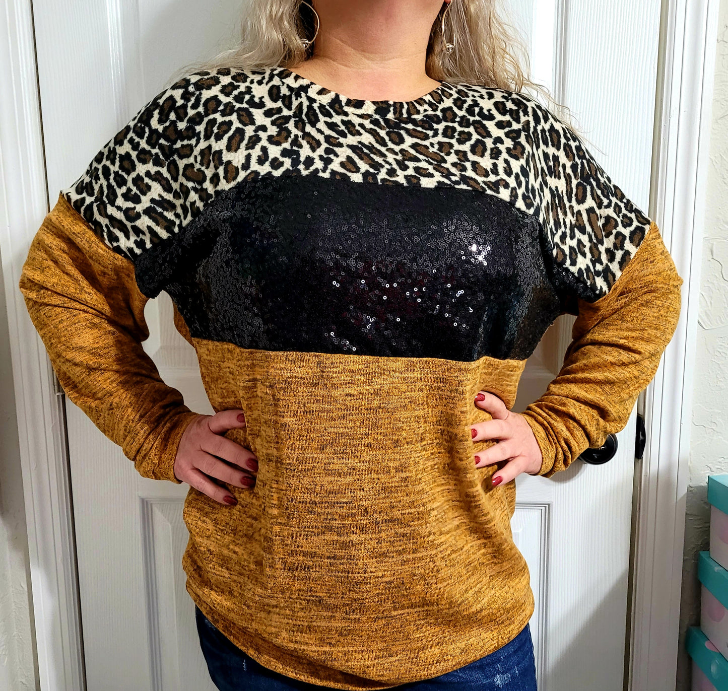 Sunshine & Rodeos Leopard and Sequin Long Sleeve Top - 2 Colors