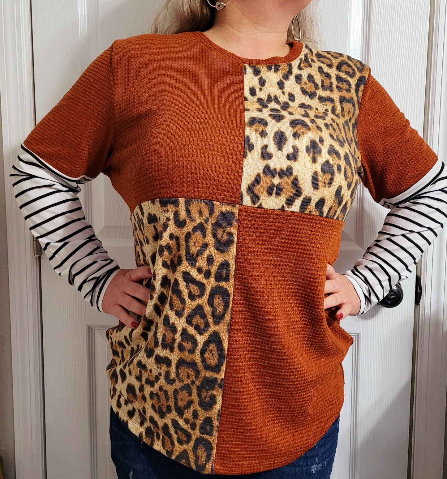 Sunshine & Rodeos Leopard Color Block and Stripes Long Sleeve Top