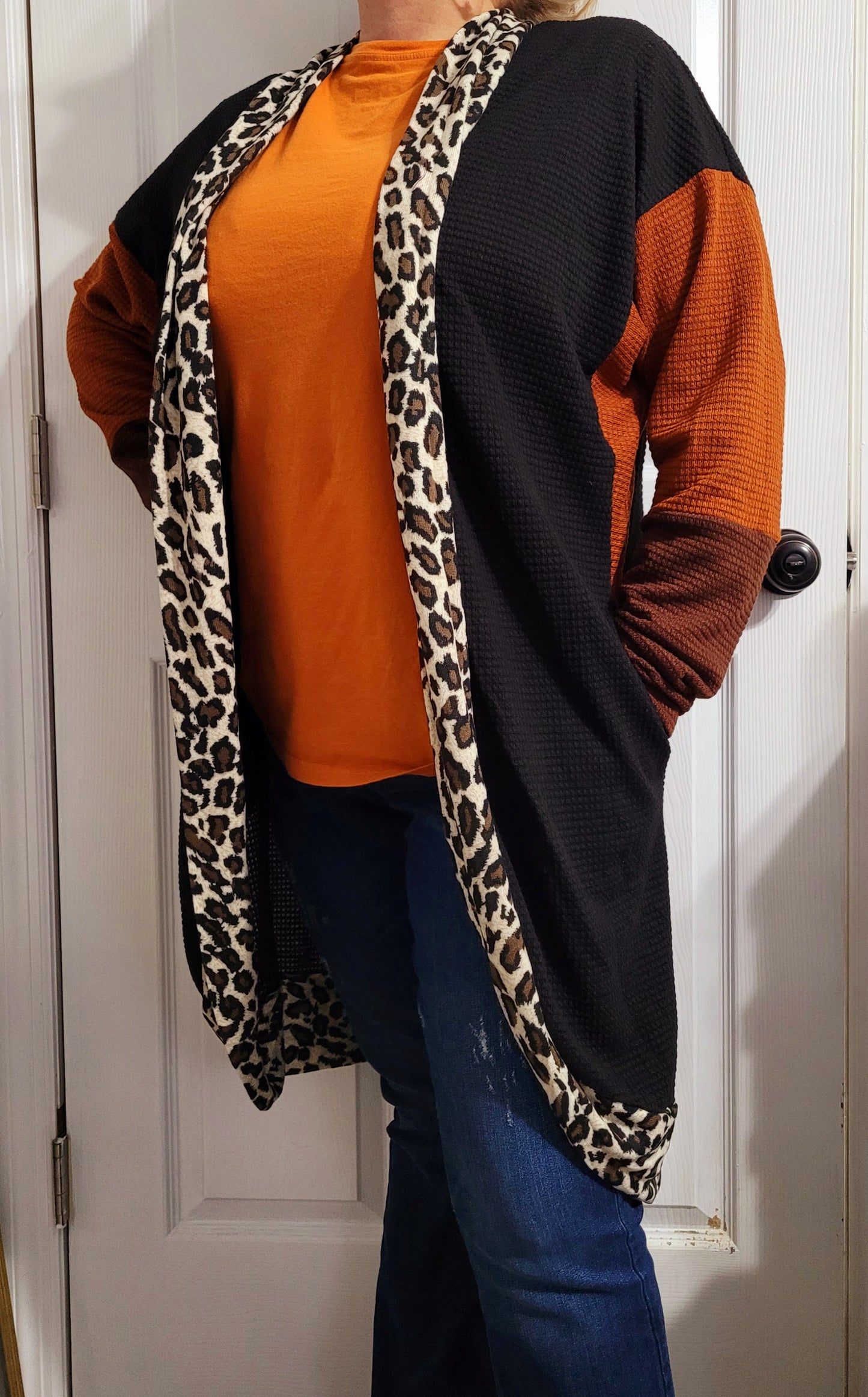 Sunshine & Rodeos Waffle Knit Leopard Lined Cardigan with Pockets