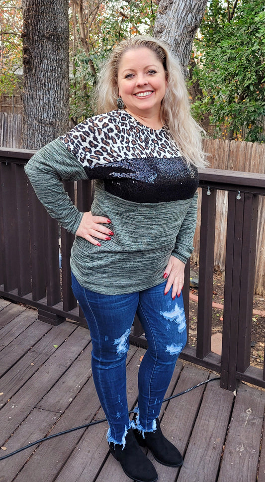 Sunshine & Rodeos Leopard and Sequin Long Sleeve Top - 2 Colors