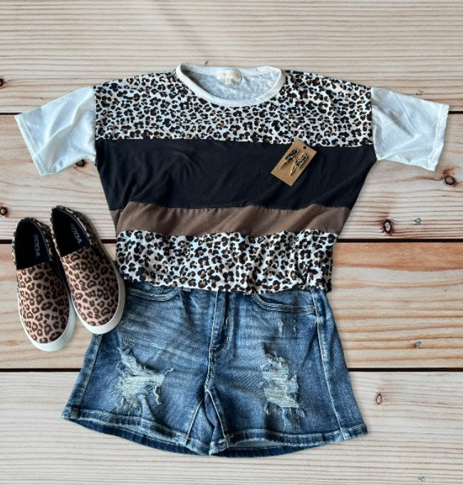 Short Sleeve Leopard Color Block Top