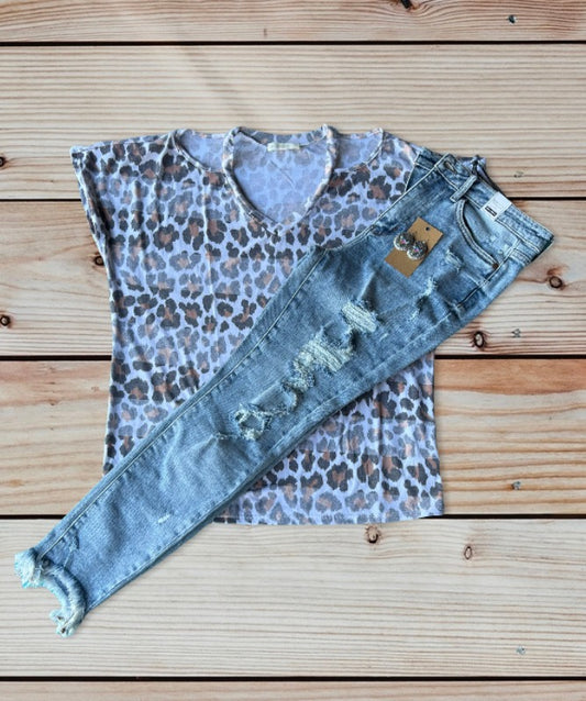 Cold Shoulder V-Neck Leopard Top