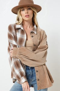 PLAID AND CORDUROY COLOR BLOCK VINTAGE OVERSIZED BOYFRIEND SHIRT JACKET