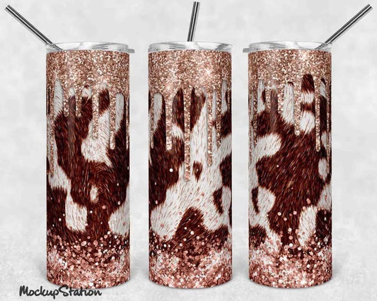 Cowhide Rose Gold Glitter Skinny Tumbler 20oz