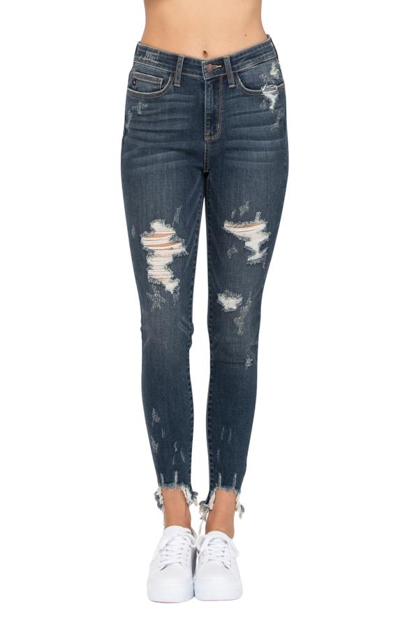 Judy Blue Shark Bite Destroyed Hem Mid-Rise Skinny Jeans