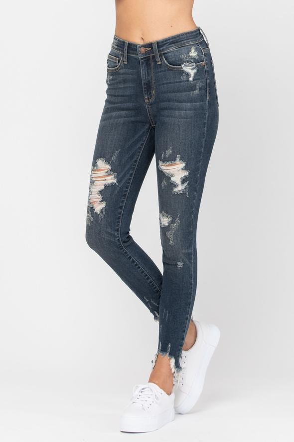 Judy Blue Shark Bite Destroyed Hem Mid-Rise Skinny Jeans