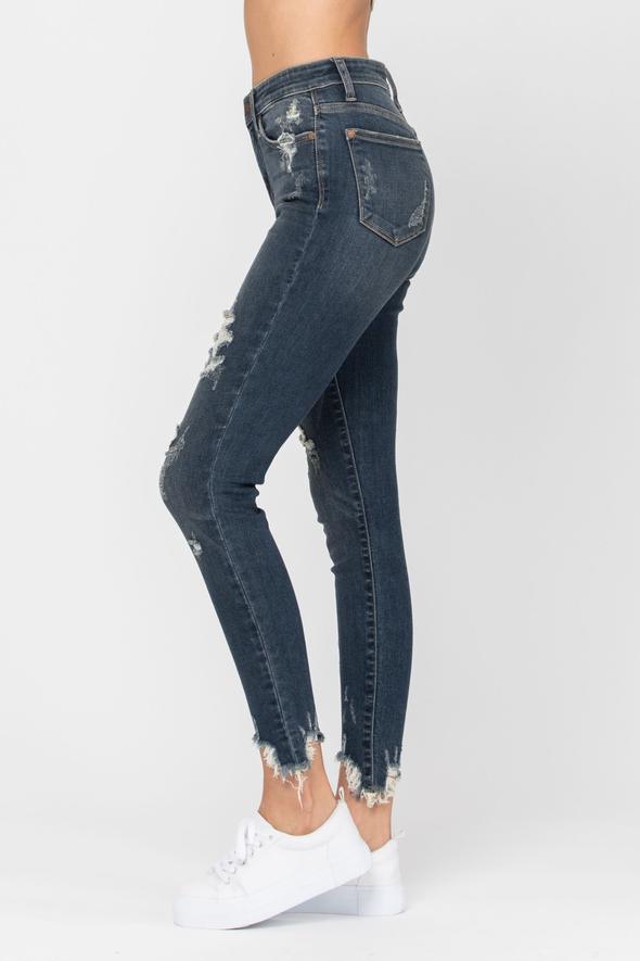 Judy Blue Shark Bite Destroyed Hem Mid-Rise Skinny Jeans