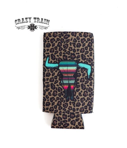 Crazy Train Koozie - Tall - Leopard Cow Skull