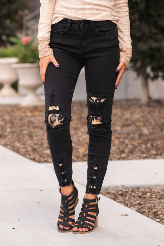 Judy Blue Leopard Patch Mid Rise Skinny Jeans