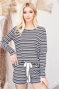 Black & White Striped Long Sleeve Top And Short Set with Self Tie - Pajama Set