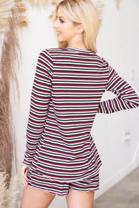 Blush & Burgundy Striped Long Sleeve Top And Short Set with Self Tie - Pajama Set