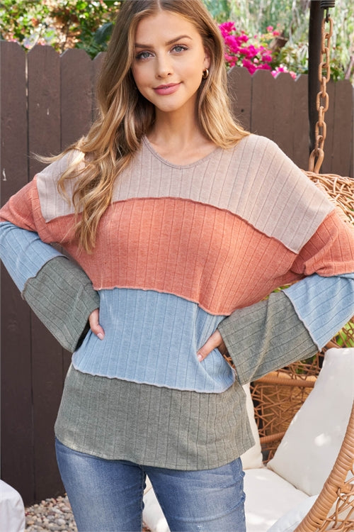 Perfect Peach Color Block Long Sleeved Top - Rust