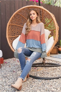 Perfect Peach Color Block Long Sleeved Top - Rust