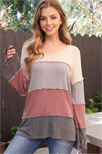 Perfect Peach Color Block Long Sleeved Top - Wine