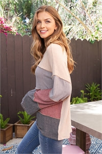 Perfect Peach Color Block Long Sleeved Top - Wine