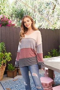 Perfect Peach Color Block Long Sleeved Top - Wine