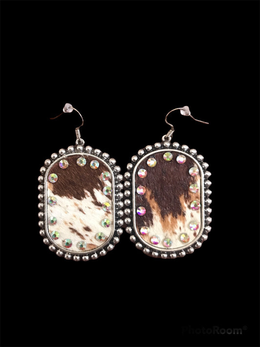 Oval Cowhide & Iridescent Diamond Earrings