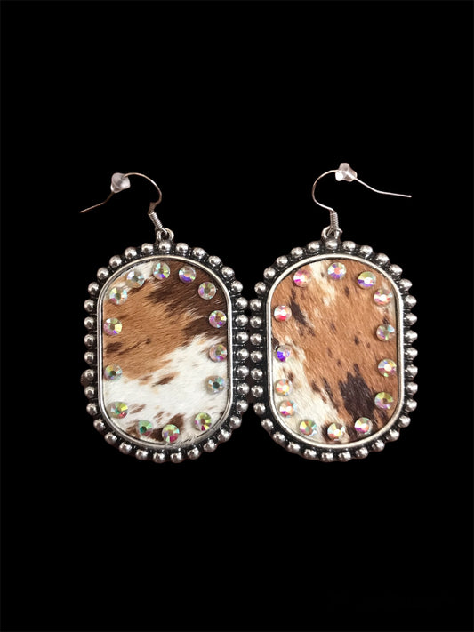 Oval Cowhide & Iridescent Diamond Earrings