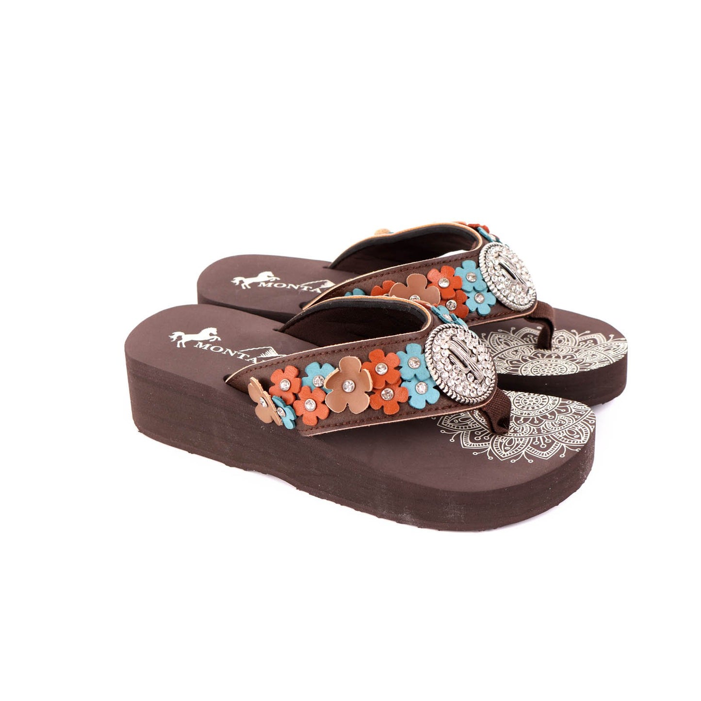 Montana West Mandala Floral Applique Wedge Flip-Flop