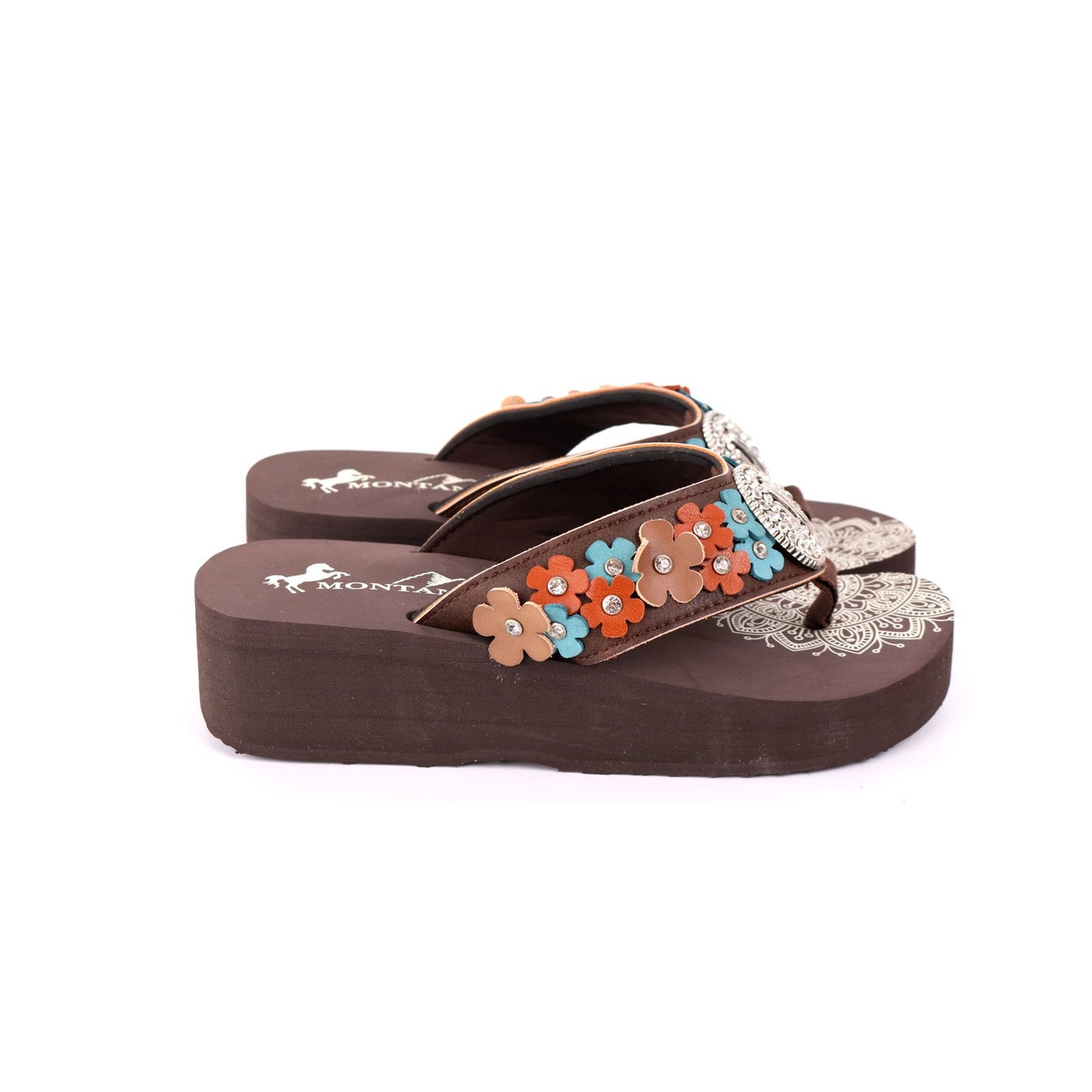 Montana West Mandala Floral Applique Wedge Flip-Flop