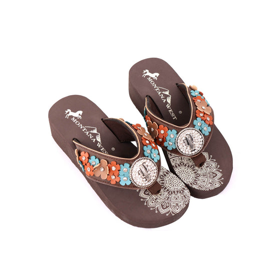 Montana West Mandala Floral Applique Wedge Flip-Flop