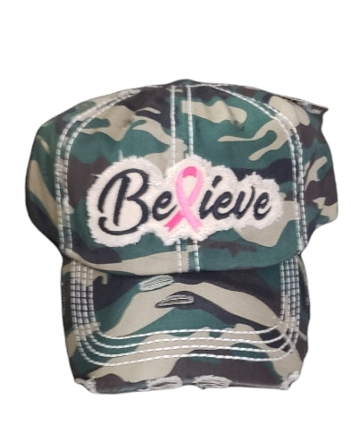 Camo Breast Cancer "Believe" Baseball Hat