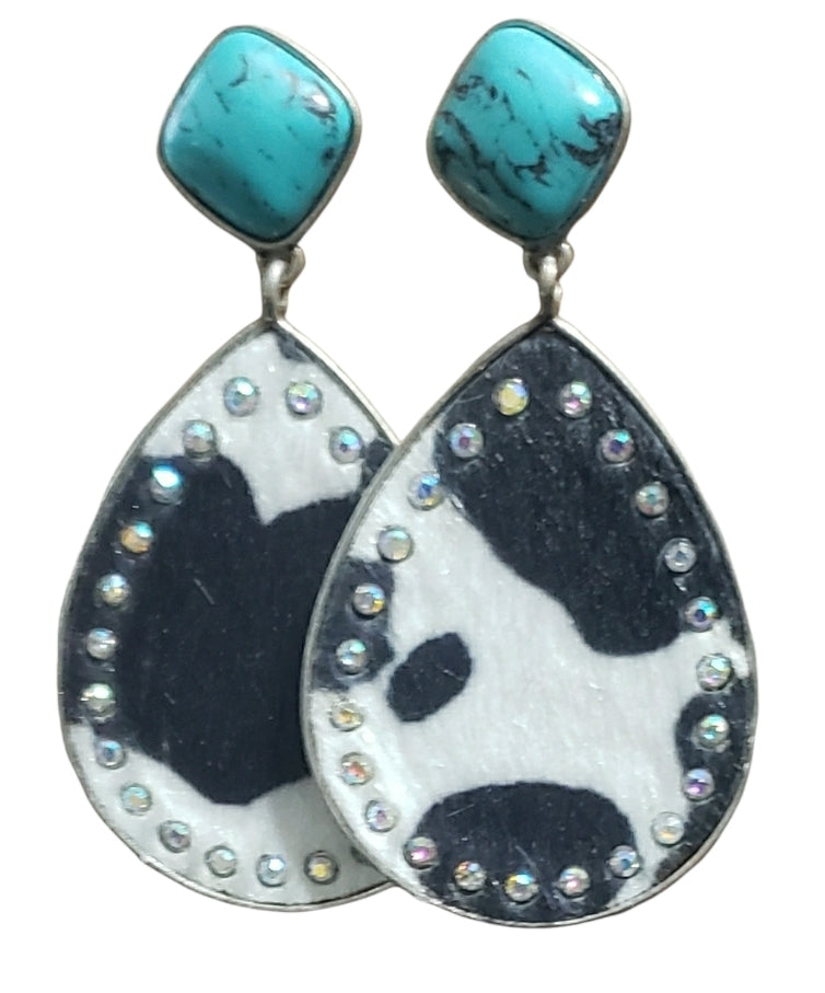 Cowhide Teardrop Teal & Diamond Earrings - Brown or Black