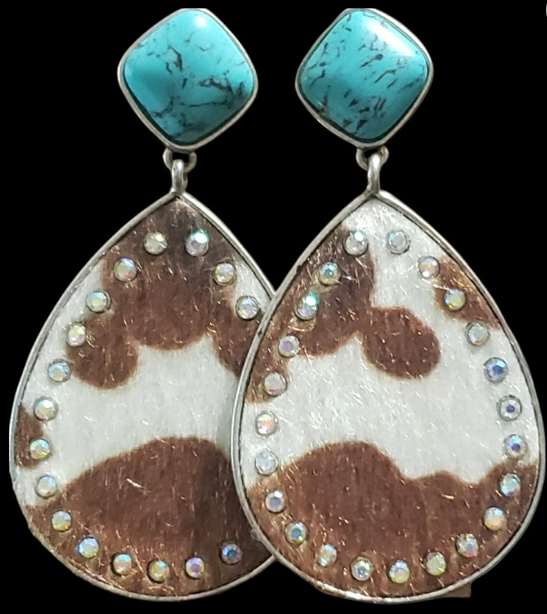 Cowhide Teardrop Teal & Diamond Earrings - Brown or Black