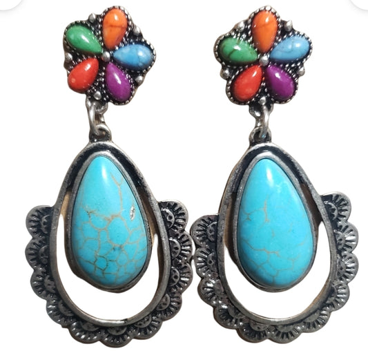 Turquoise Teardrop & Flower Earrings