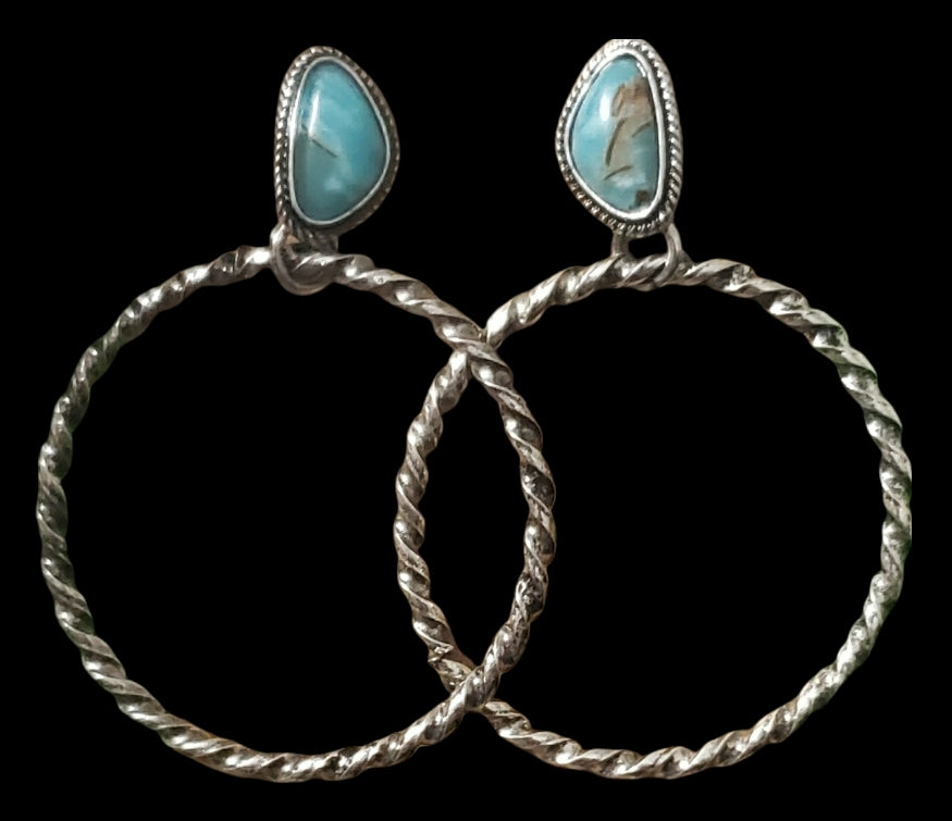 Round Silver Earrings w/ Turquoise Stud