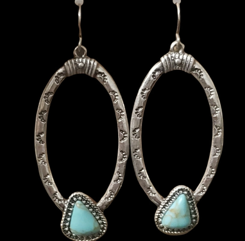 Silver Oval w/ Triangle Turquoise Accent Earrings