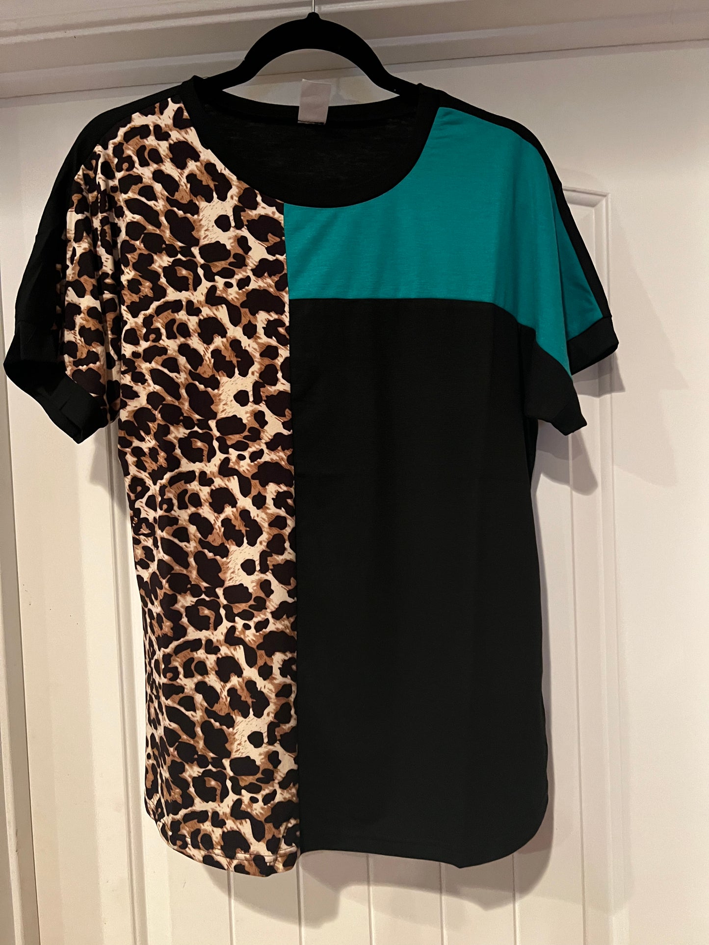 SSC Leopard and Teal Color Block Half Sleeve Top