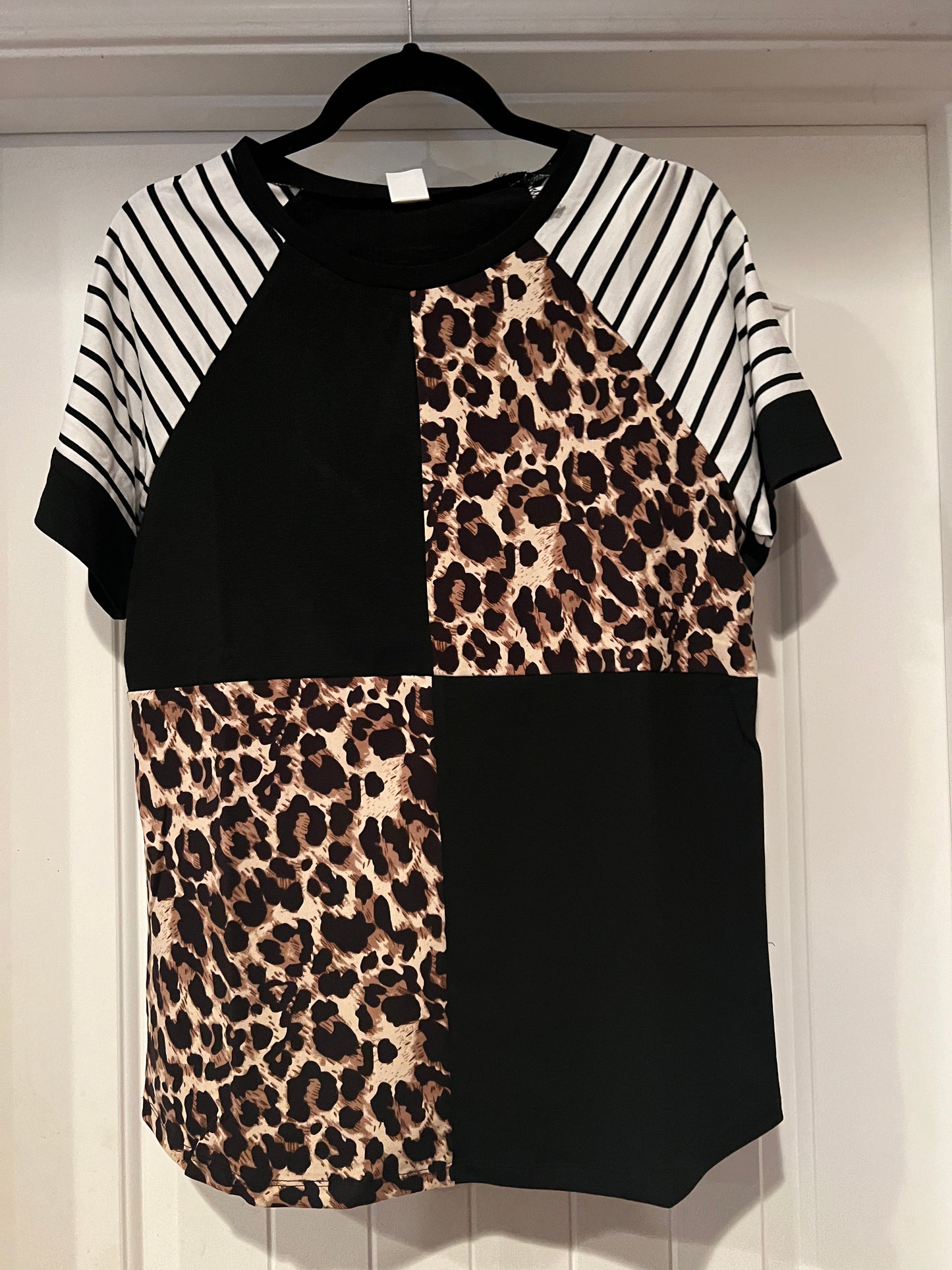 SSC Leopard and Black Color Block with Striped Half Sleeve Top