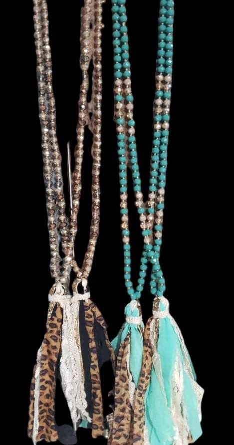 SSC Crystal Beaded Necklace w/ Leopard & Lace Fabric - 2 Colors